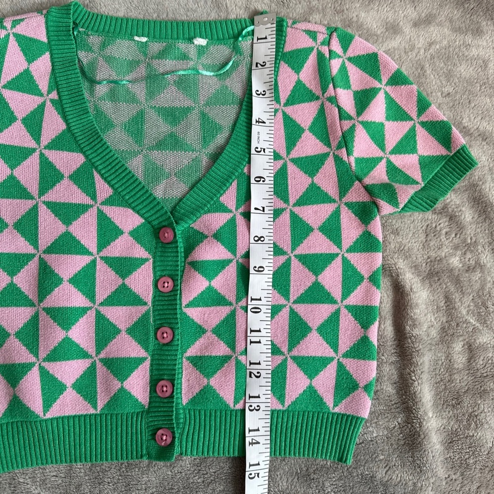 Bluenotes Pink Green Geometric Crop Cardigan Small Preppy Retro Y2K Dopamine - Picture 4 of 5